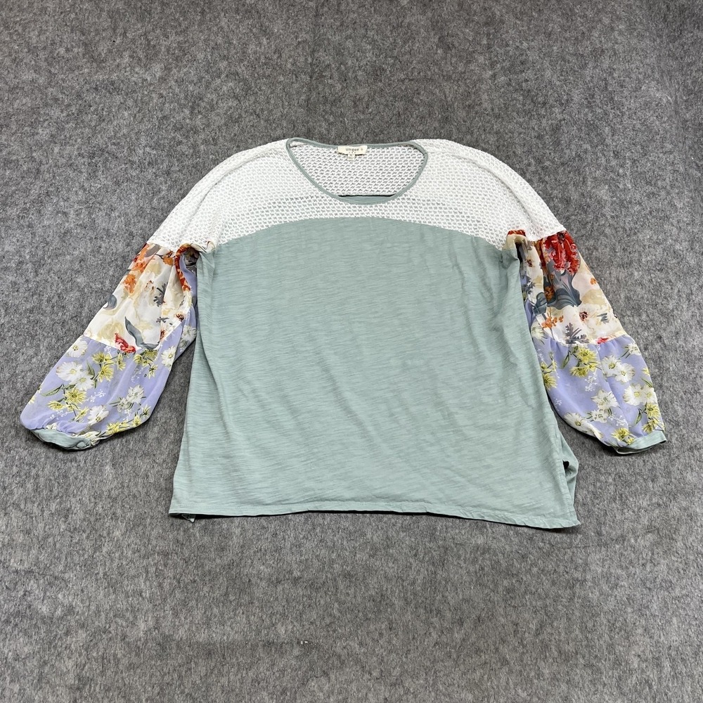 Umgee USA Blouse Womens XL Green Crochet Floral Balloon Sleeve Top Boho Plus